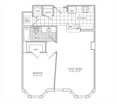 Floor plan for 1 bed, 1 bath, 765 sqft
